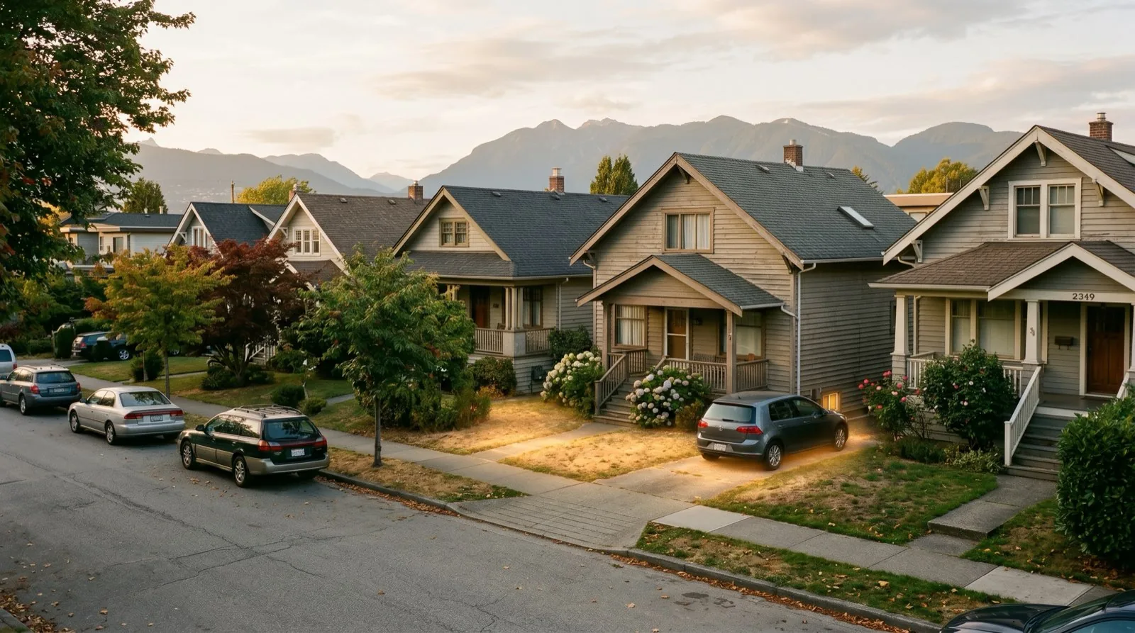 Editorial illustration of a Vancouver residential street where one ordinary detached-house lot is lit like a gold seam, representing the small fraction of multiplex-zoned lots that are actually viable