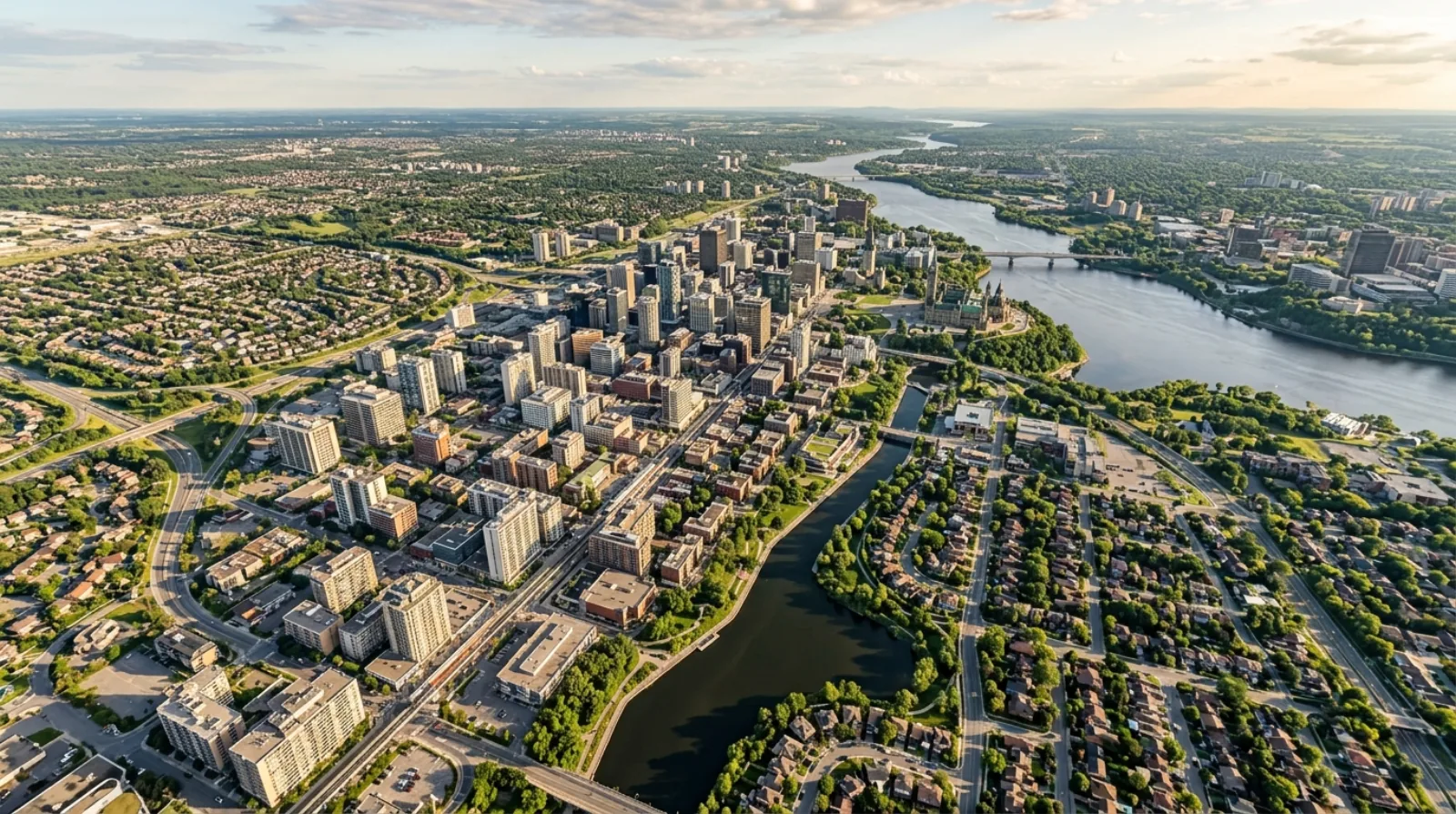 Aerial view of greater Ottawa showing the contrast between dense walkable inner-city streets near transit and spread-out suburban subdivisions