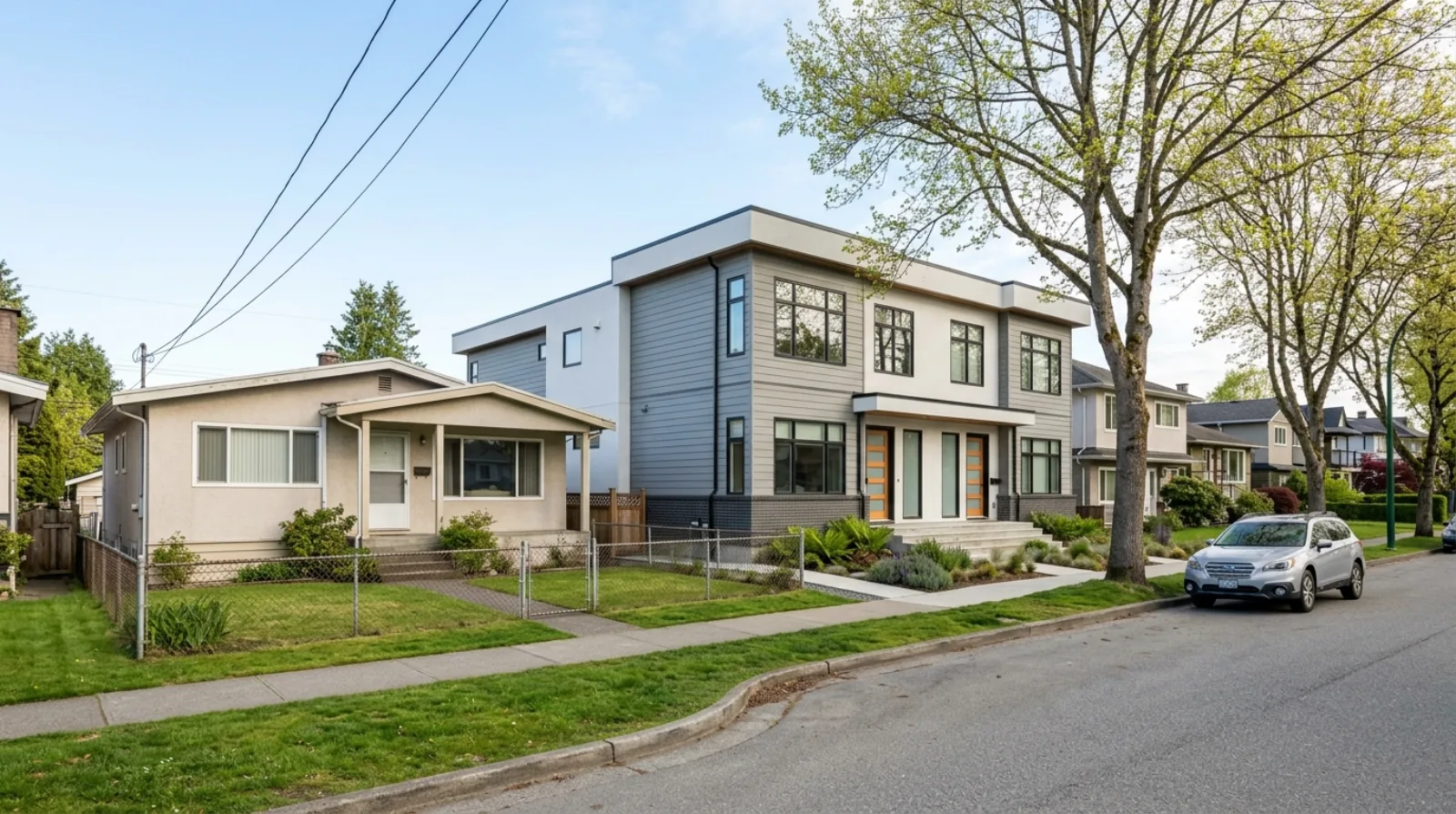An older detached Vancouver house on a standard 33-foot lot beside a newly completed three-storey multiplex with individual ground-level entries, showing what a multiplex lot looks like before and after redevelopment