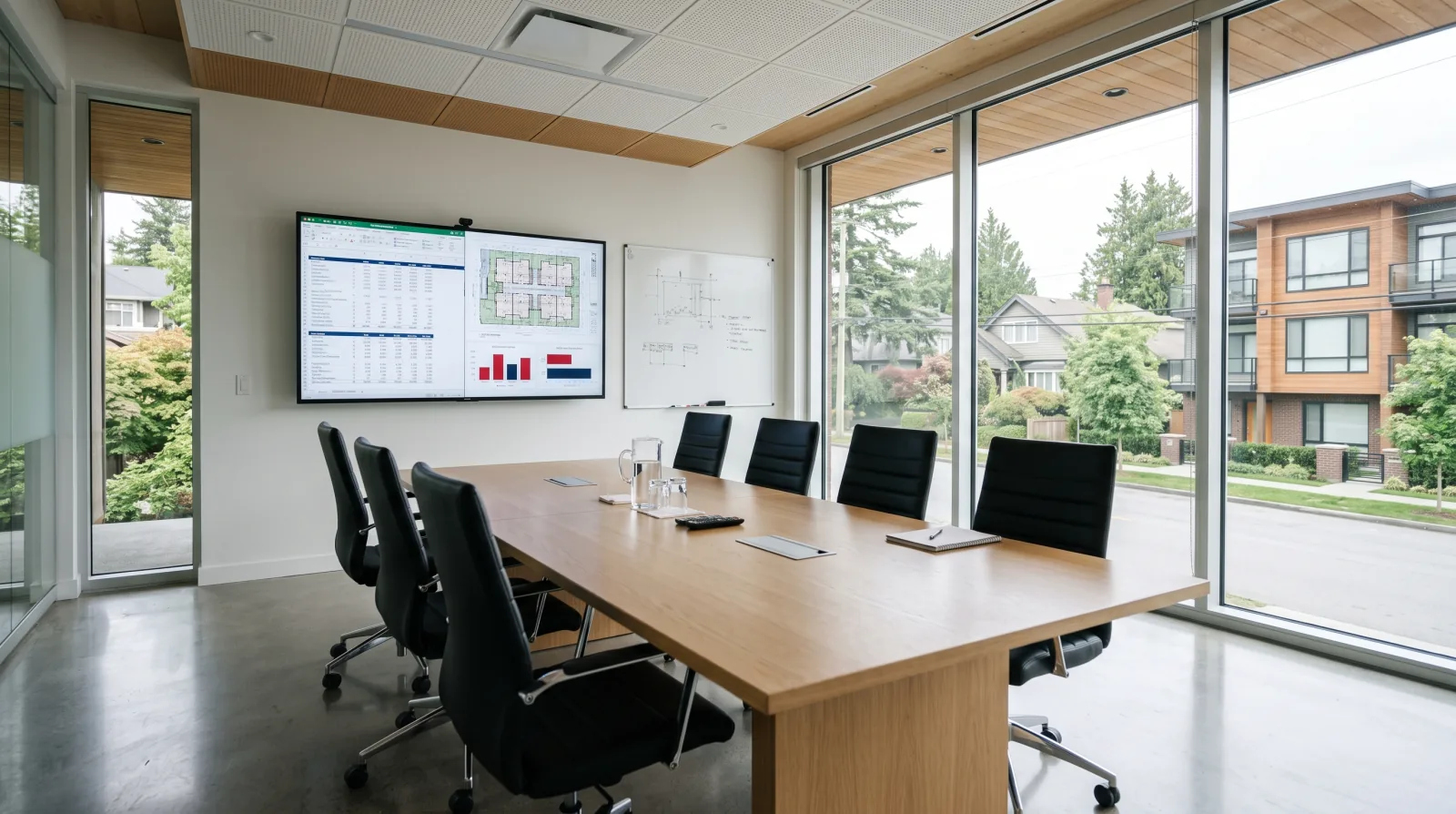Room set up for the VanPlex Plex One certification in Vancouver, with a multiplex site plan and proforma on screen and a modern multiplex visible across the street