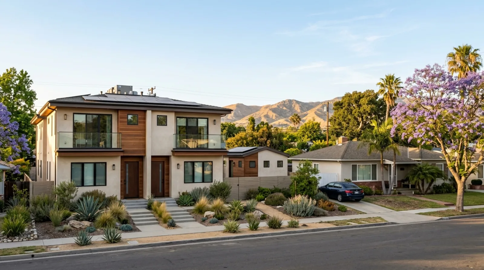 A new two-story duplex with rooftop solar panels and a small detached backyard home, next to an older one-story house on a California street with mountains behind