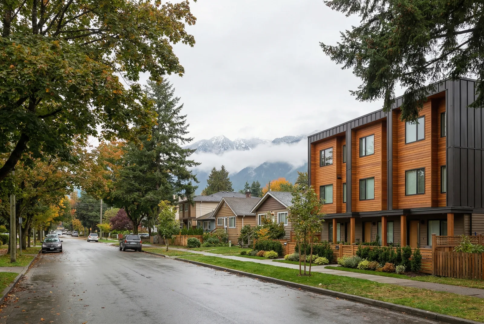 Modern multiplex buildings on a residential street in British Columbia