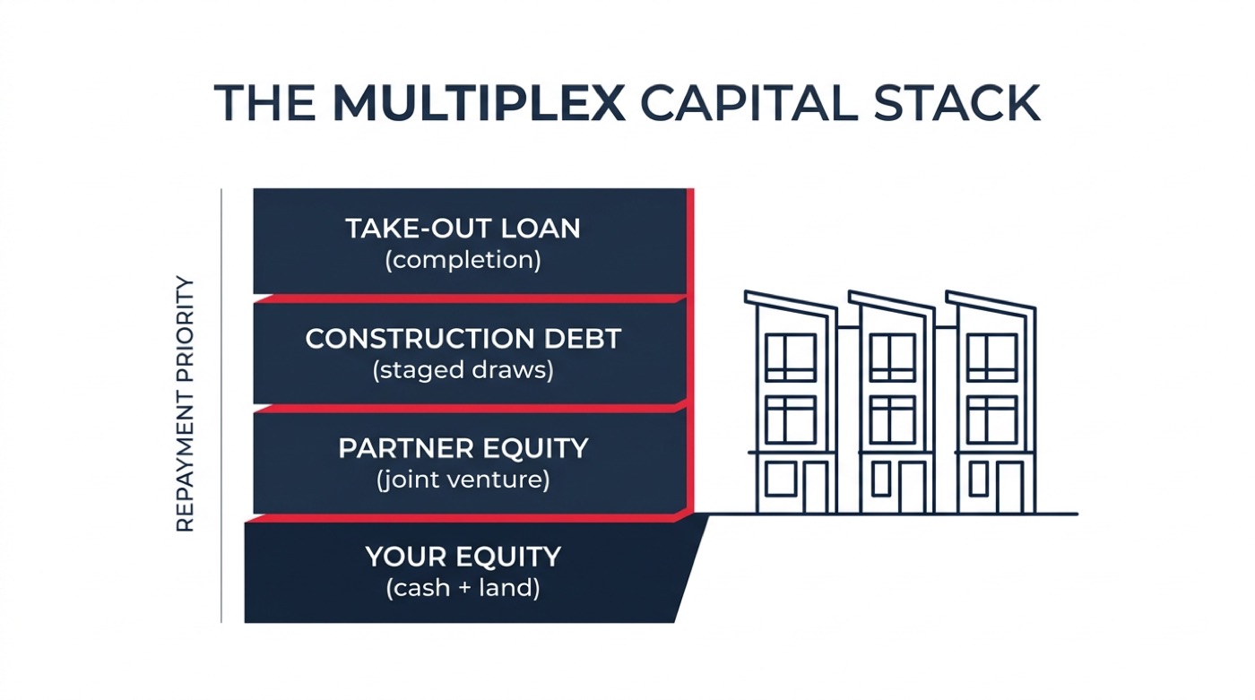 Diagram of the four capital stack layers in a BC multiplex project: owner equity, partner equity, construction debt, and the take-out loan