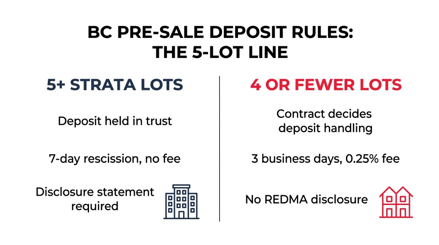 Split diagram of BC pre-sale deposit rules: 5 or more strata lots get REDMA trust protection and a 7-day rescission, 4 or fewer lots rely on the contract and a 3-business-day rescission