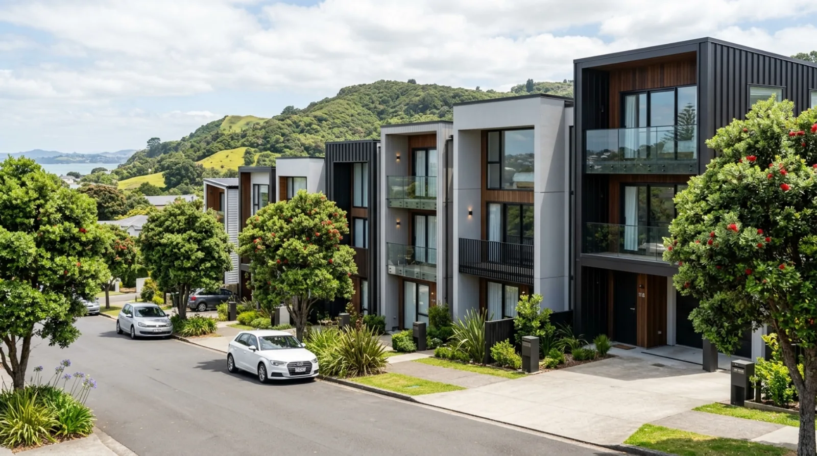 A row of modern two- and three-storey attached townhouses on an Auckland suburban street, the kind of housing the Auckland Unitary Plan legalized across most of the city