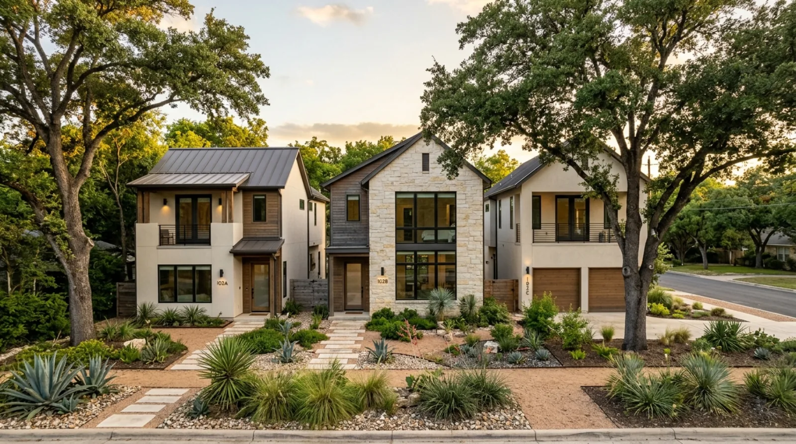 Three modern small-lot homes clustered on a formerly single-family lot in an Austin, Texas neighborhood under golden evening light, the kind of project the HOME initiative allows