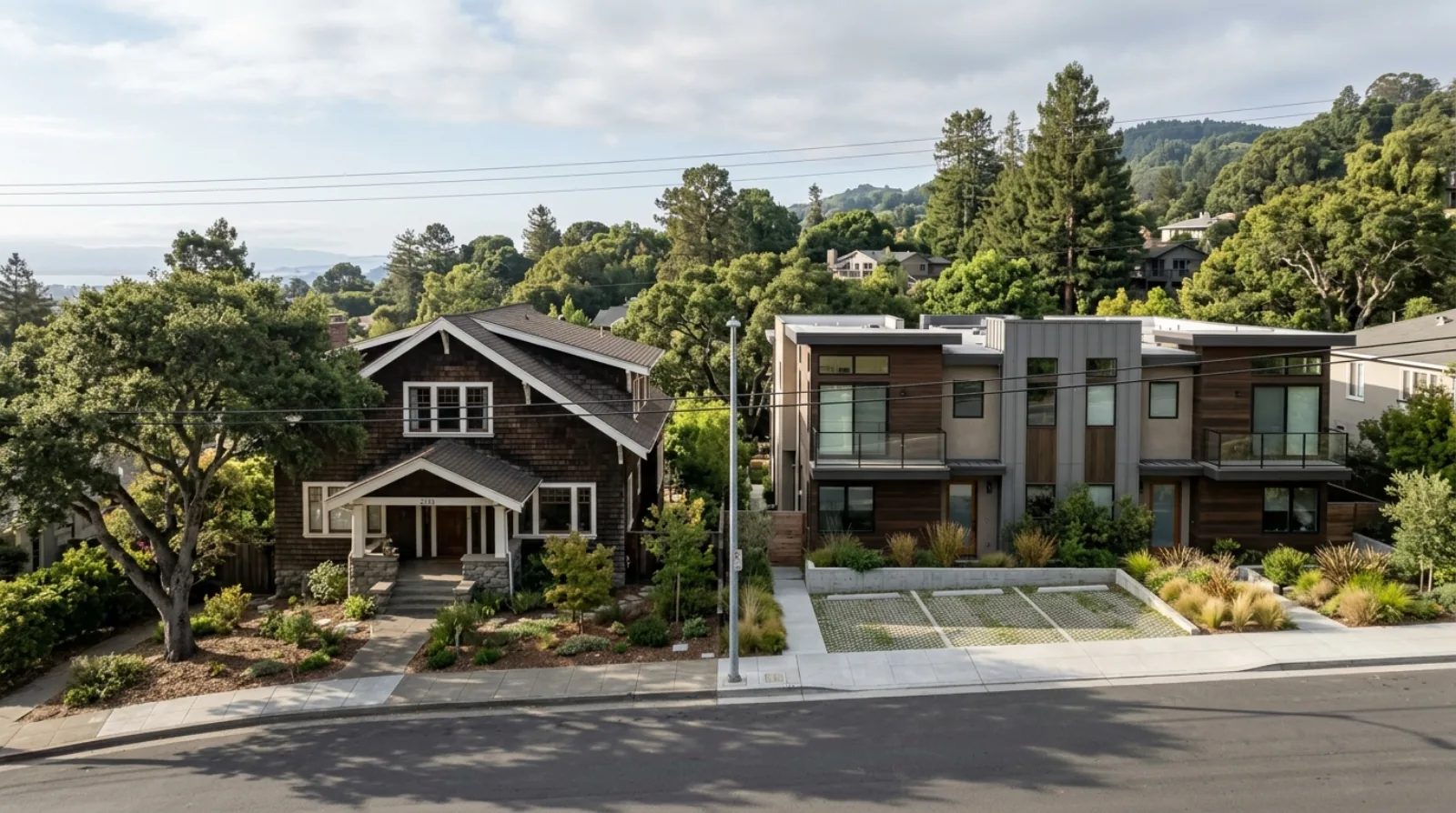 An early-1900s brown-shingle Berkeley house beside a newly built small triplex on the same tree-lined block, the mix the 2025 Middle Housing rules allow