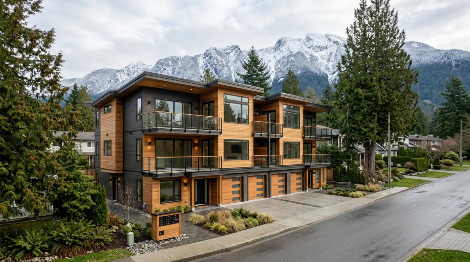 A modern four-plex on a British Columbia residential street with mountains and evergreens behind, the kind of small multi-unit home Bill 44 legalized province-wide