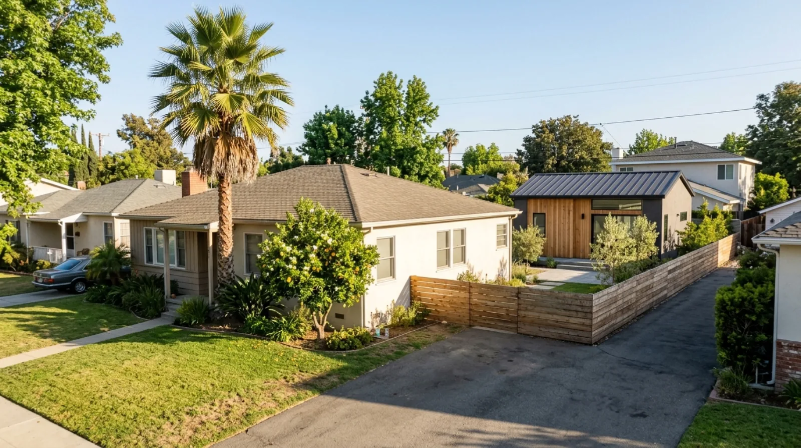 A California suburban single-family lot with a second small home added at the rear and a new lot line, illustrating an SB 9 lot split into two properties