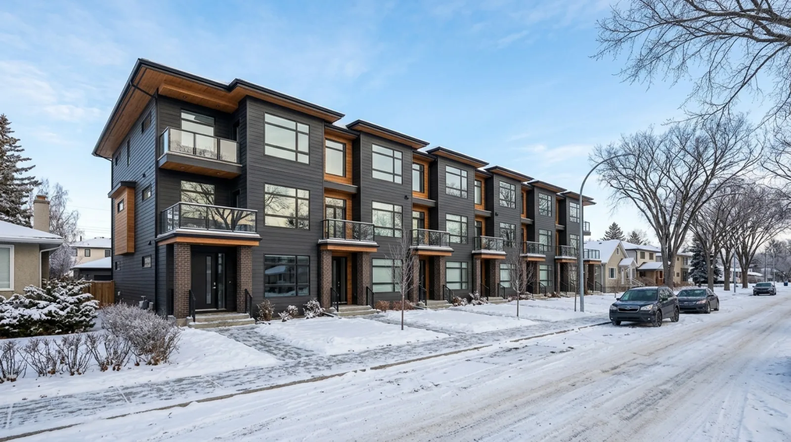 A modern low-rise eight-unit rowhouse building on an Edmonton residential street in winter, the kind of home the RS zone allows on a standard lot
