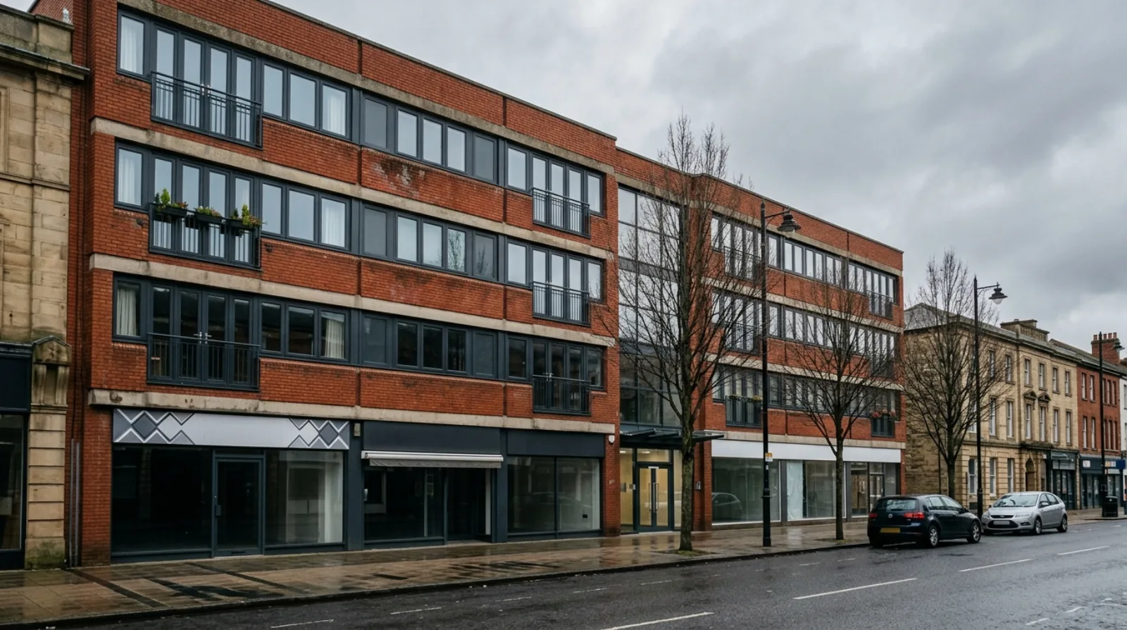 A former office building on an English high street converted into flats, with new residential windows above ground-floor shops under grey British daylight