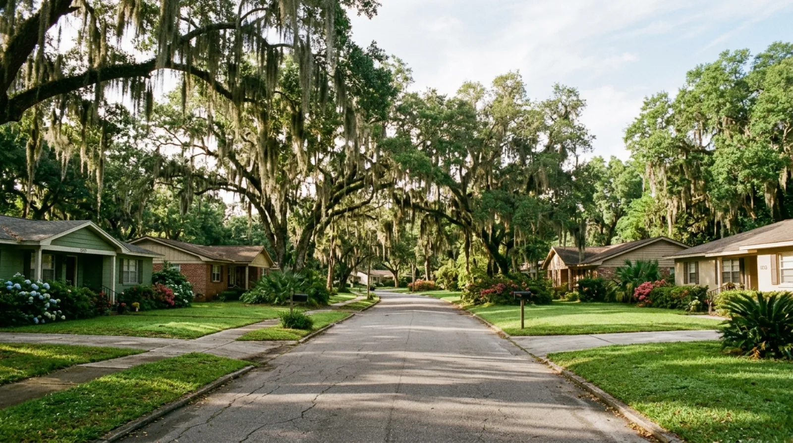 A quiet single-family street in Gainesville, Florida, with older ranch homes and live oak trees draped in Spanish moss, the kind of neighborhood the repealed reform would have changed
