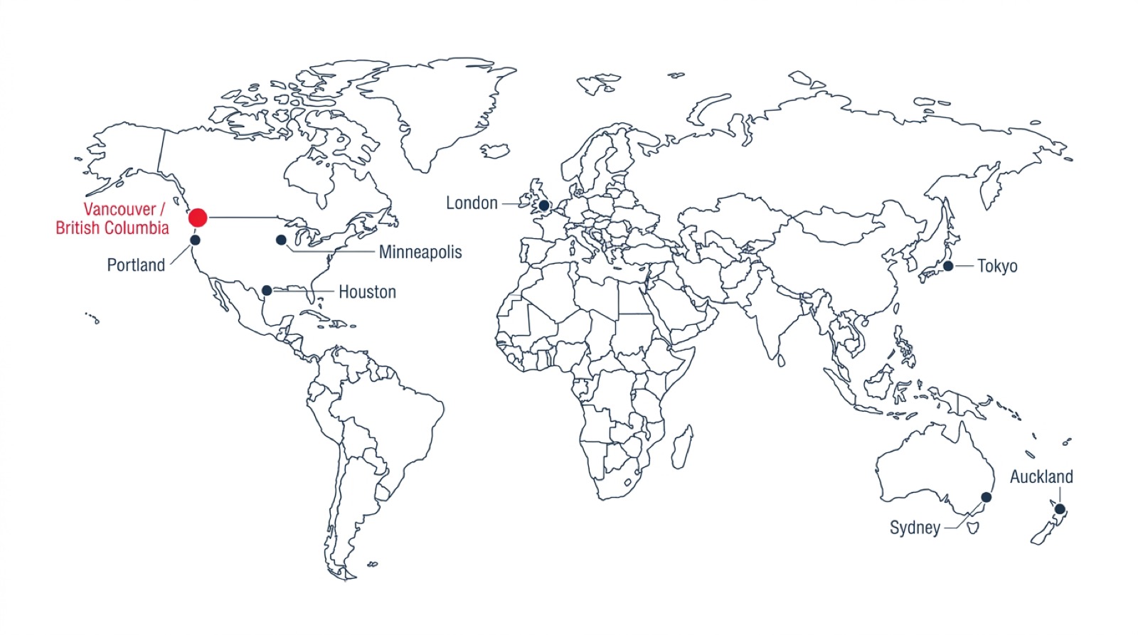 Flat editorial world map marking 24 cities that legalized multiplex housing (Vancouver, Minneapolis, Portland, Houston, London, Tokyo, Sydney and Auckland), with Vancouver / British Columbia highlighted in red