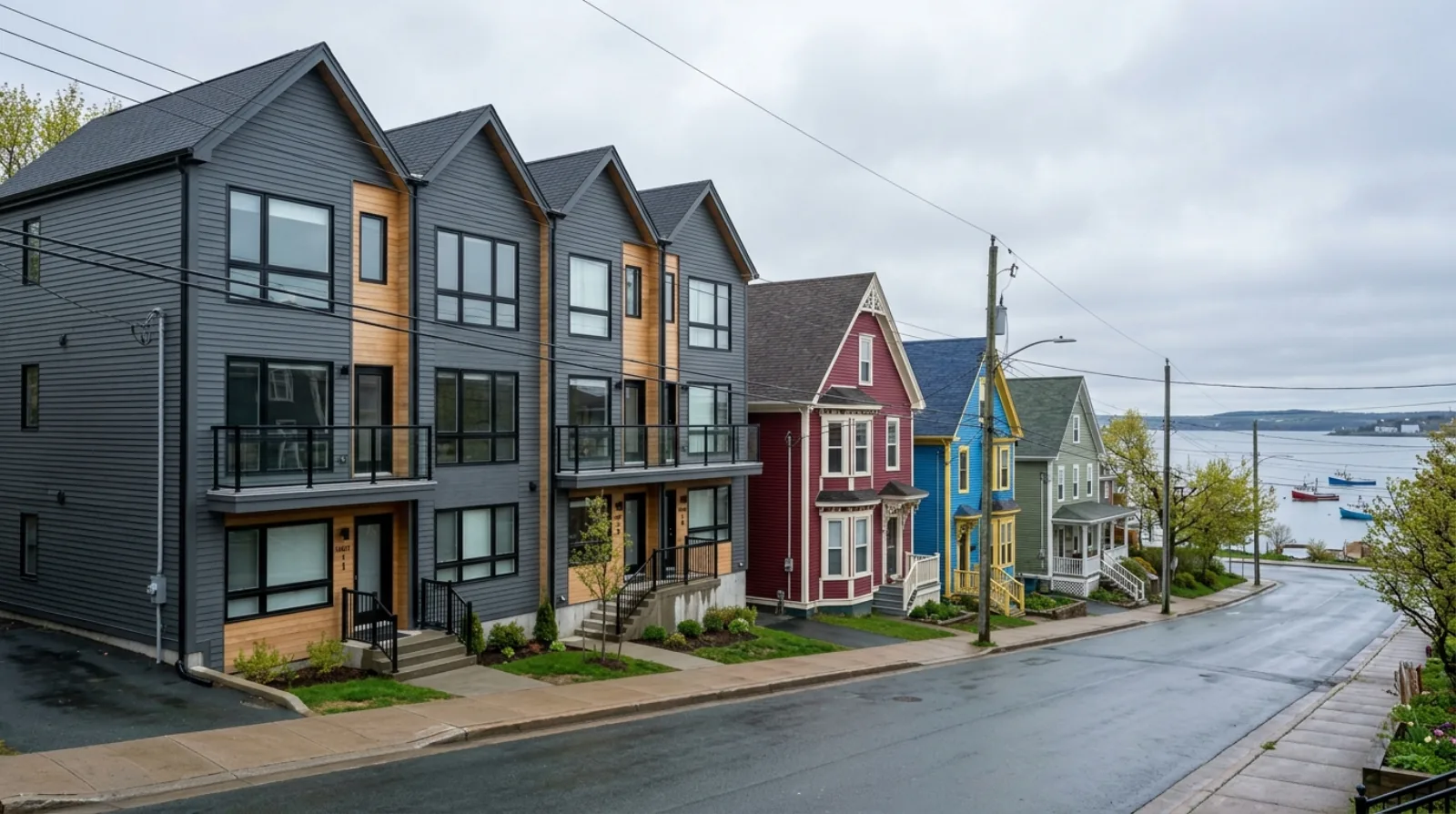 A modern four-unit building beside colourful older wooden homes on a Halifax, Nova Scotia street near the harbour, the kind of small multiplex the 2024 zoning change legalized