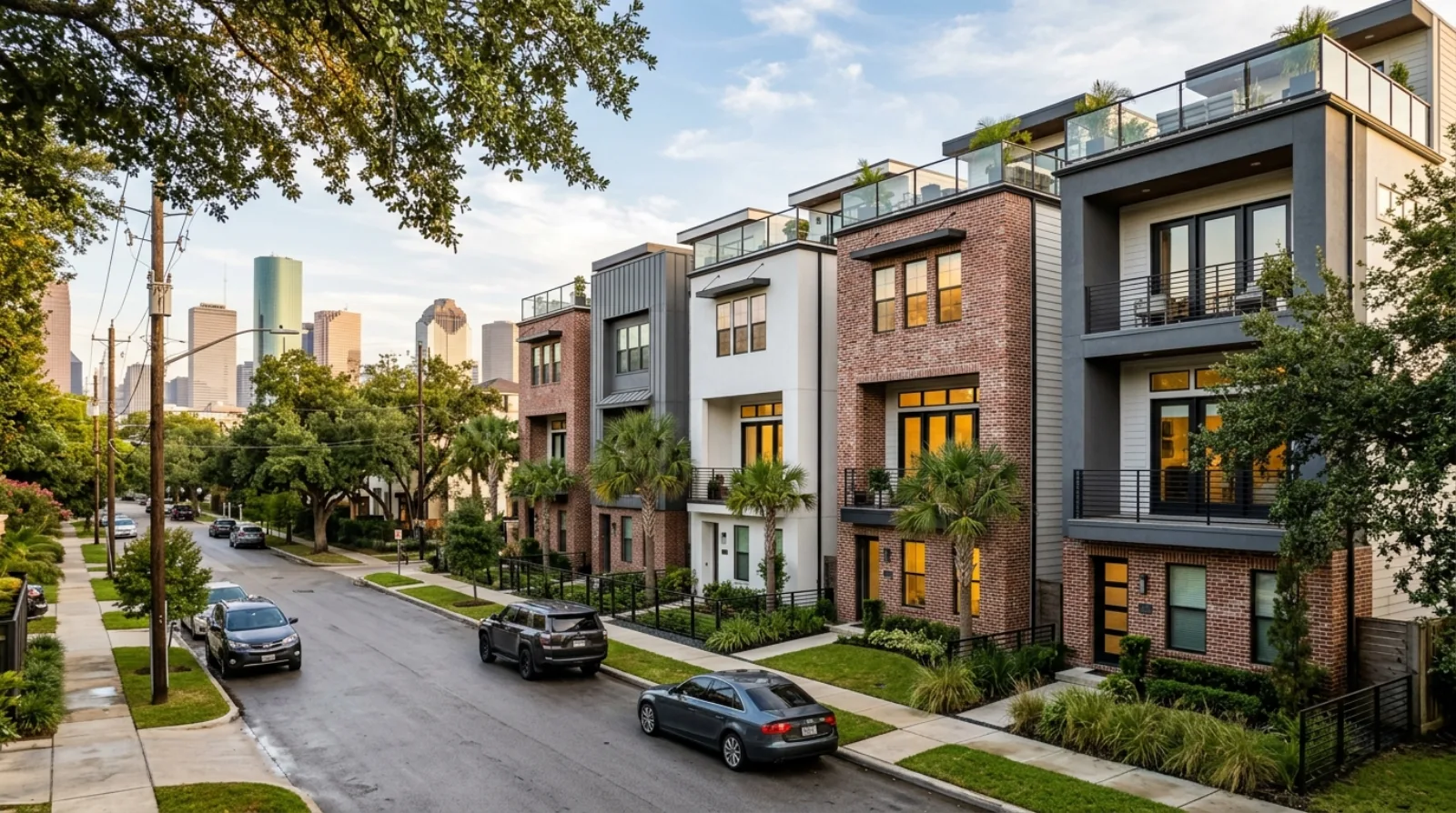 A row of narrow three-storey modern townhomes on small split lots along an inner-loop Houston street, the kind of housing the minimum-lot-size cut made possible