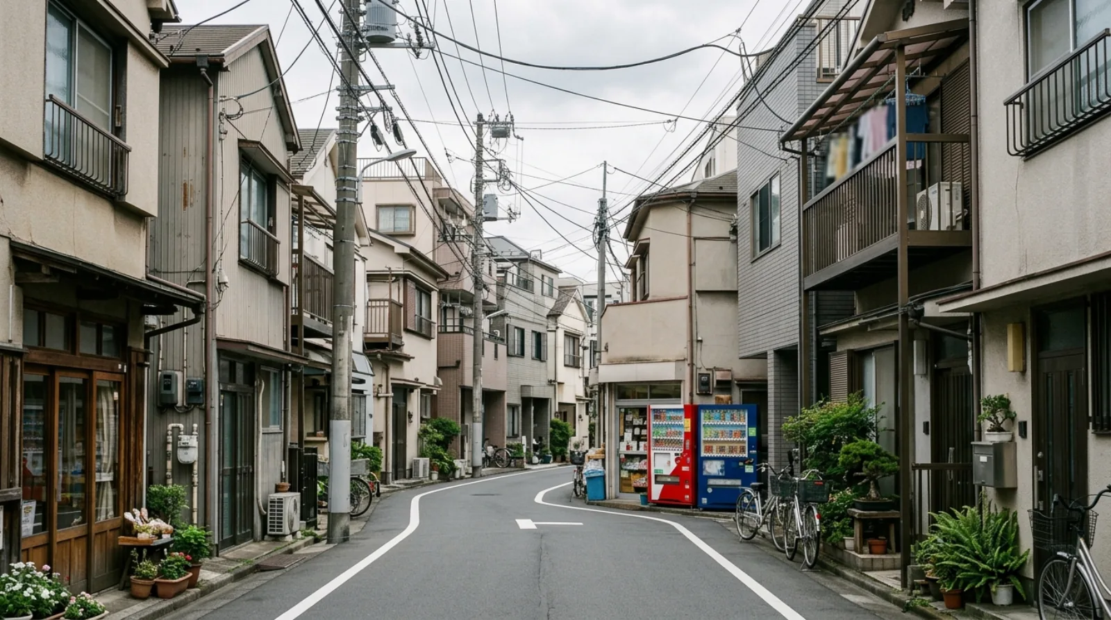 A typical Tokyo residential street with small low-rise apartment buildings, narrow houses and ground-floor shops mixed together, the everyday result of Japan's national cumulative zoning