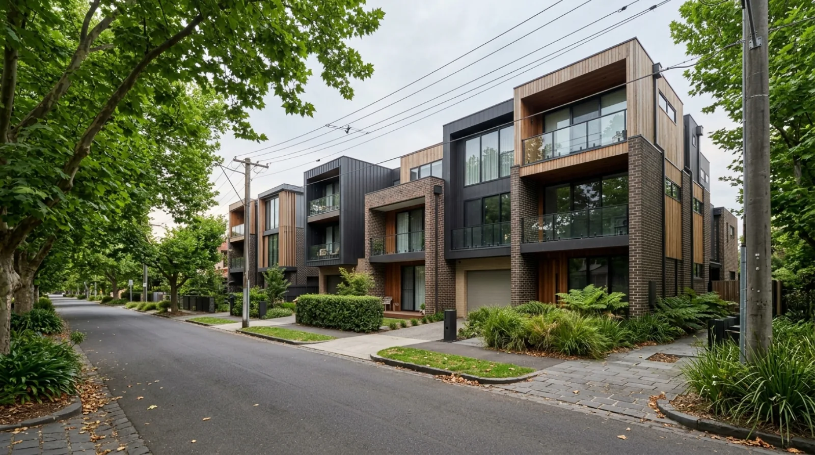 A row of new two and three storey townhouses on a leafy Melbourne street, the kind of gentle density the Victoria Townhouse and Low-Rise Code is meant to speed up