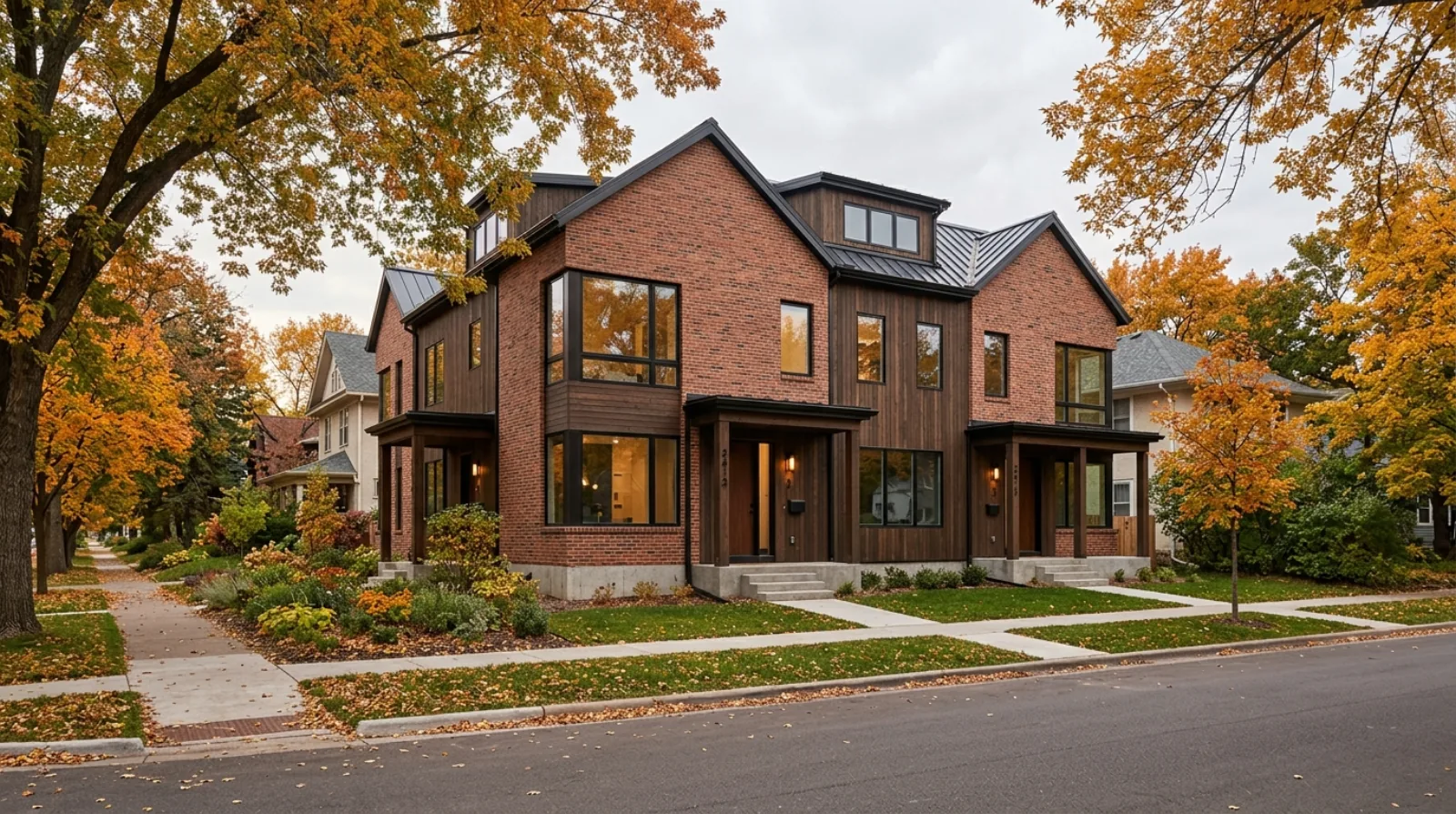 A new three-unit house (triplex) on a tree-lined Minneapolis residential street, the kind of home the 2040 plan legalized citywide