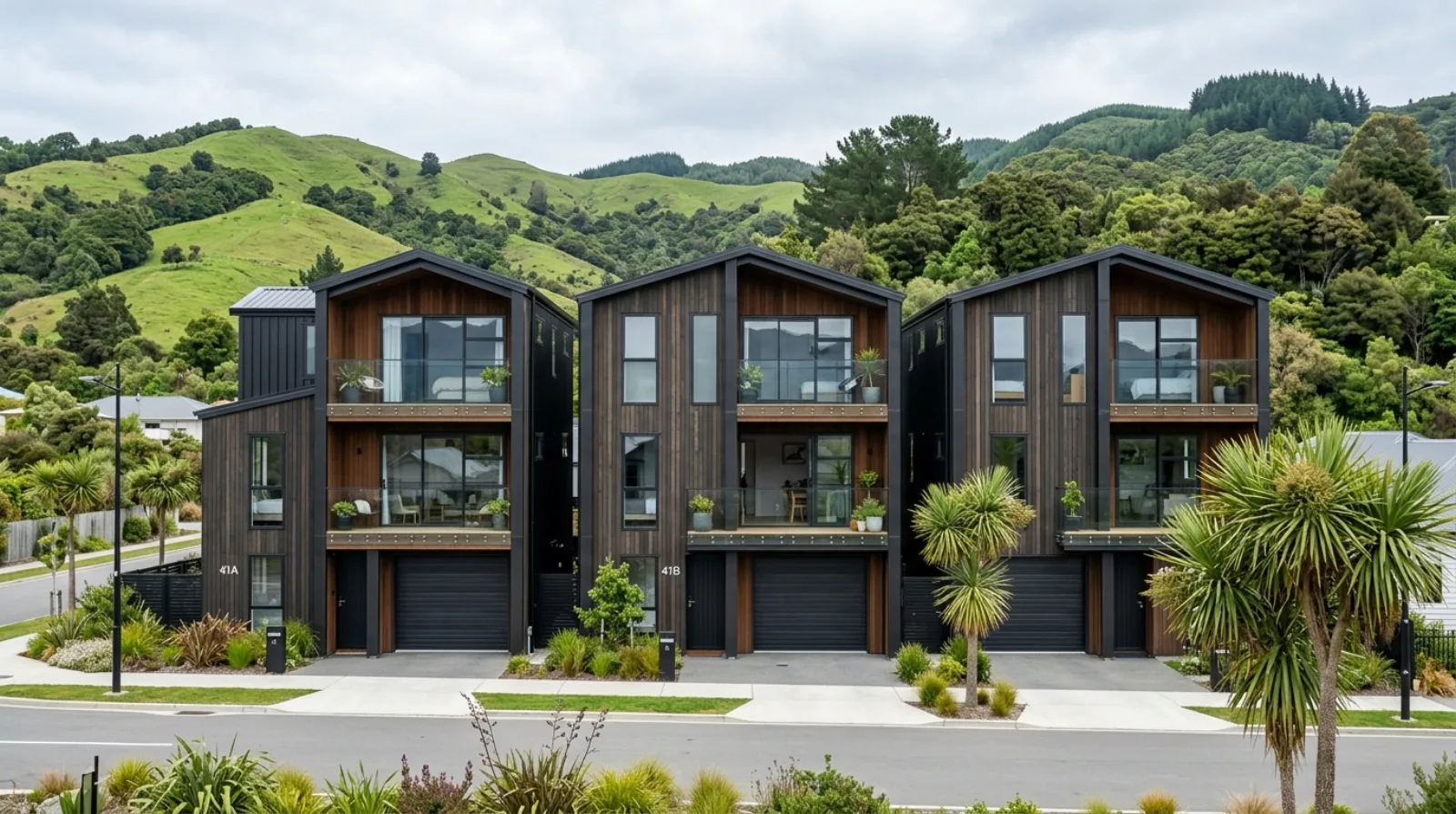 Three attached three-storey townhouses on a residential street in a New Zealand town, the kind of medium-density home the MDRS legalized by right