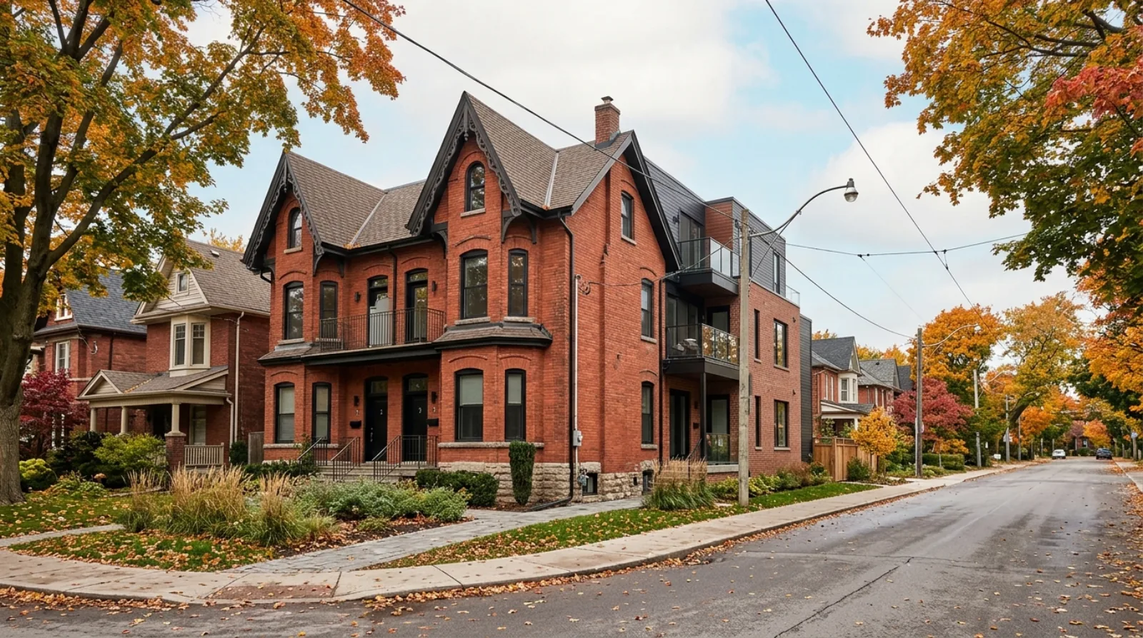 A red-brick Toronto multiplex with a modern added top-floor unit on a leafy residential street with mature maples turning colour in autumn, the kind of fourplex the citywide multiplex bylaw allows