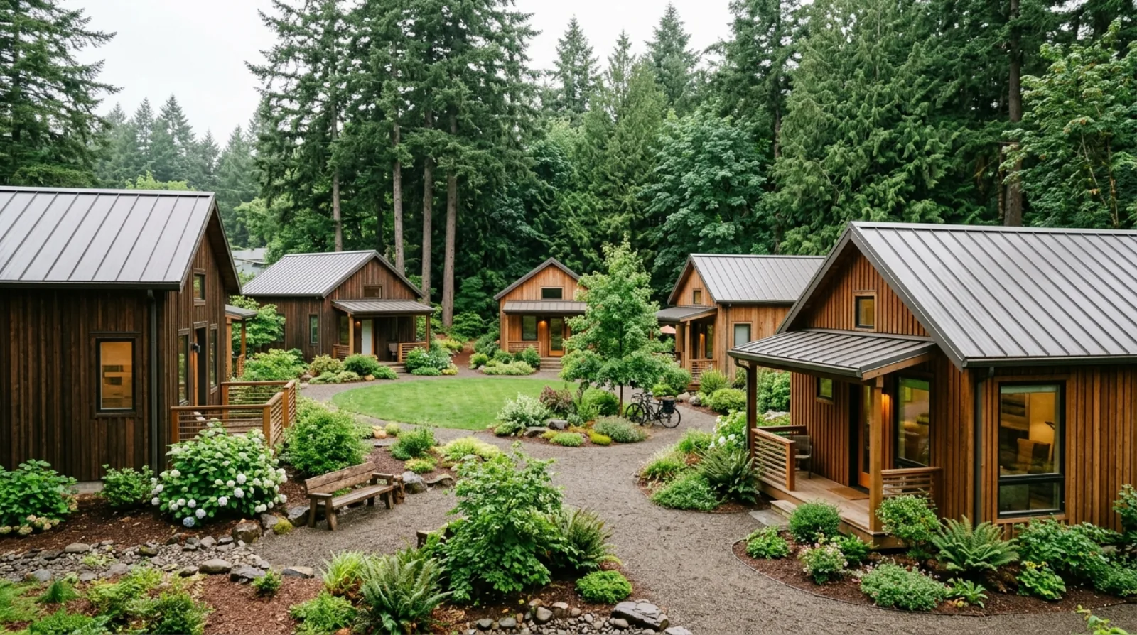 A cottage cluster of small detached homes around a shared green courtyard in an Oregon town, one of the middle-housing types HB 2001 legalized