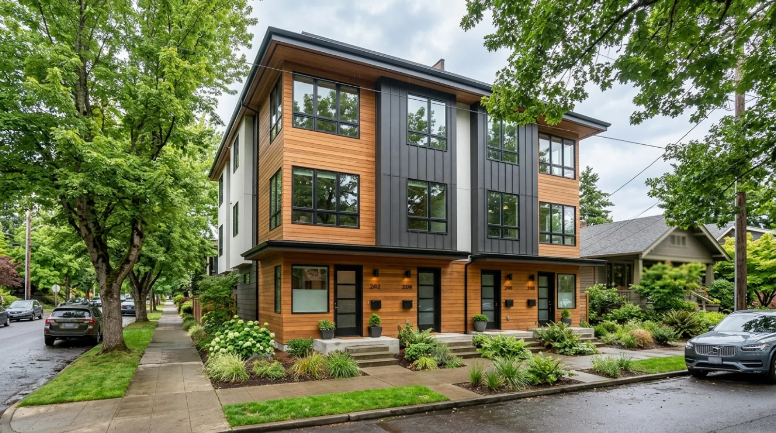 A modern four-unit house (fourplex) on a leafy Portland residential street, with two street-facing entrances and a landscaped front yard, no garage
