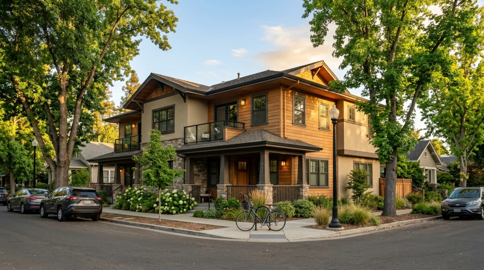 A small modern fourplex on a tree-lined Sacramento residential street, the kind of missing-middle home the 2040 General Plan legalized citywide