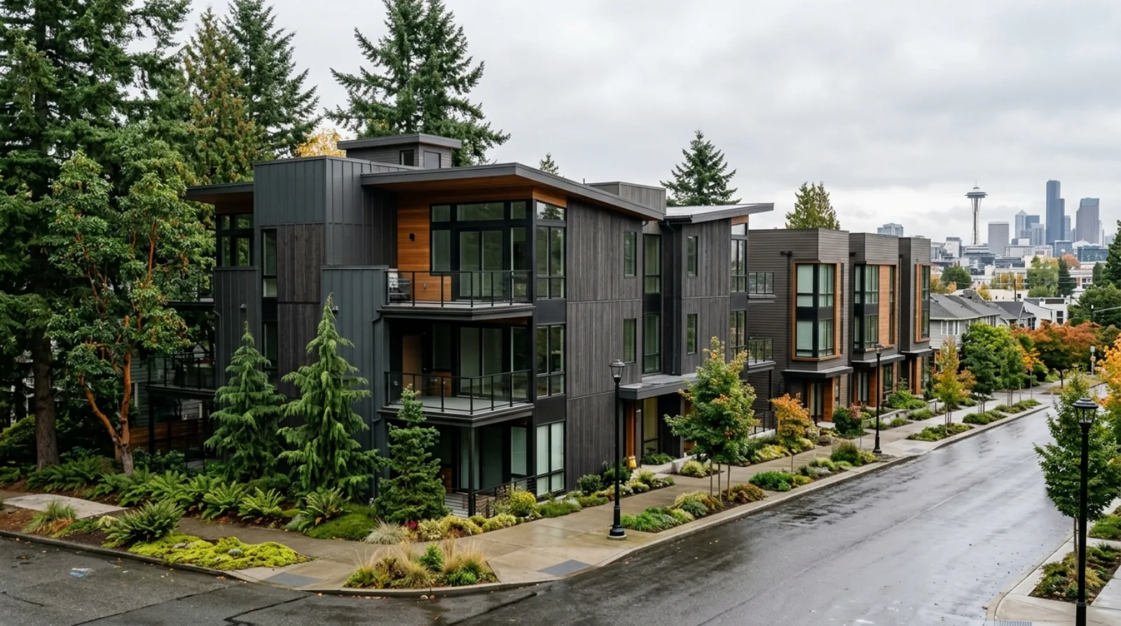 A modern stacked-flats building and townhomes on a Seattle Neighborhood Residential street, the kind of middle housing the One Seattle Plan legalized