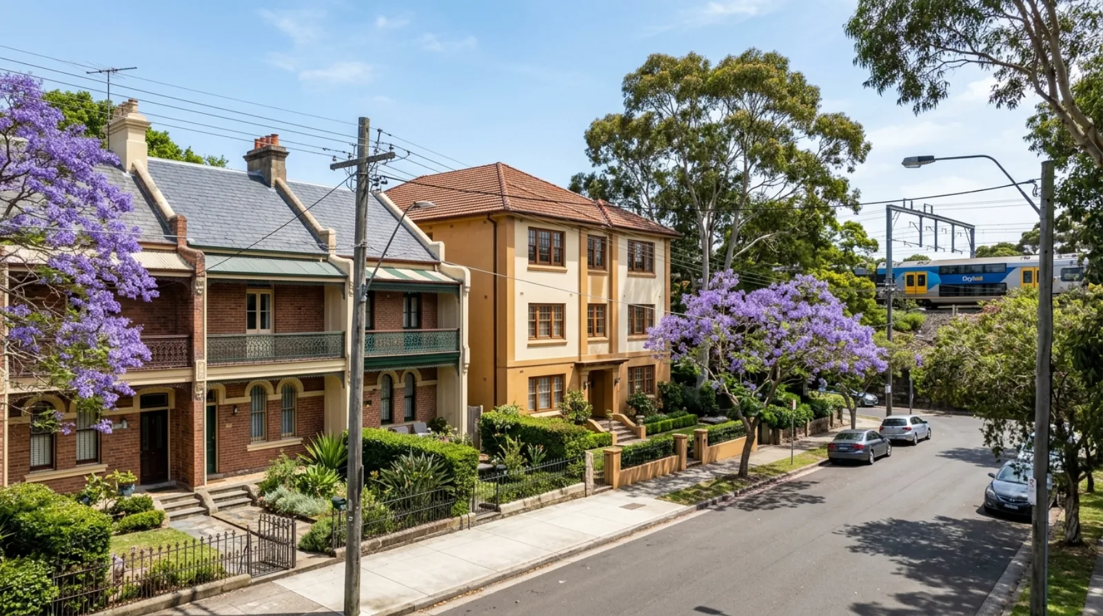 A row of two and three storey terrace houses and a small manor-house apartment building on a Sydney NSW street near a train line, the kind of low and mid-rise housing the NSW reforms allow