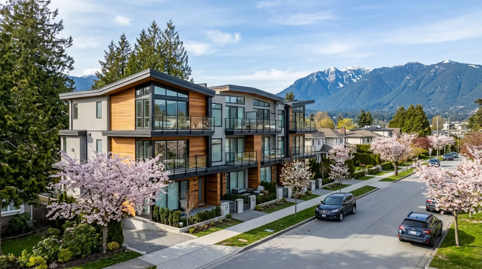 A newly built six-plex multiplex on a Vancouver residential street with mountains behind, the kind of home R1-1 zoning legalized across the city