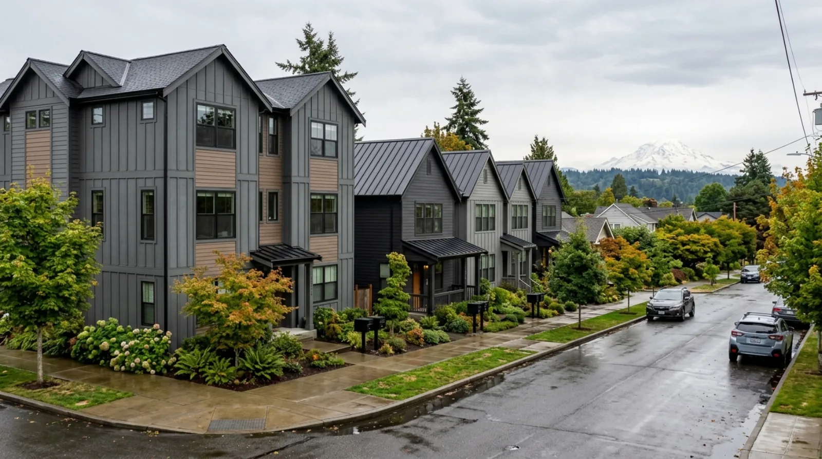 A row of house-scale townhomes and a small fourplex on a residential street in a Washington city, with Mount Rainier faint in the background