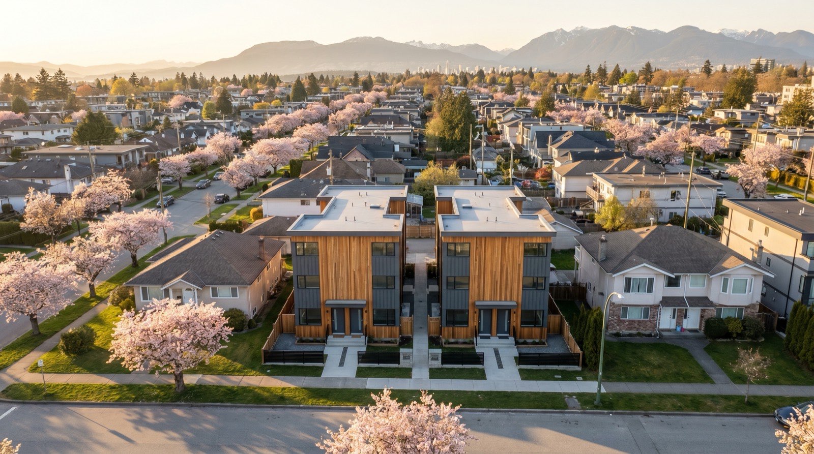 Aerial view of a Vancouver east-side residential street with two newly completed two-storey multiplexes beside an older bungalow and a 1990s duplex, North Shore mountains in the distance