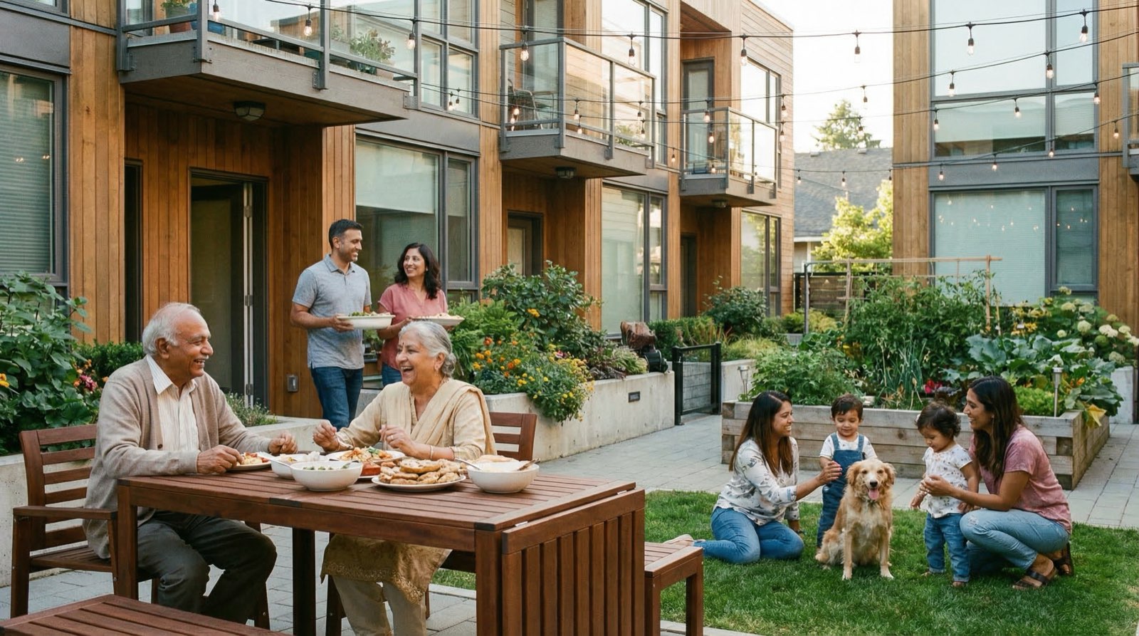 Multigenerational family gathering in shared courtyard between multiplex units, grandparents dining while grandchildren play with dog