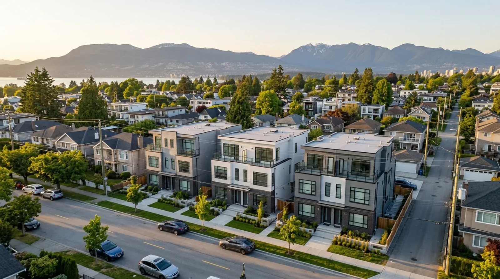 Aerial view of a Vancouver residential street with single-family lots being rebuilt as multiplex homes