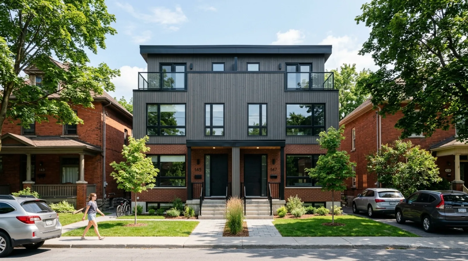 A newly built modern duplex on an Ottawa residential street — two mirrored units in one building beside older red-brick homes
