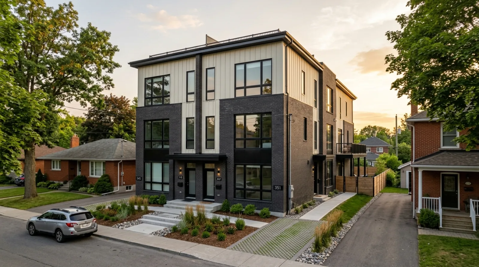 A modern three-storey fourplex multiplex in Ottawa with two front and two rear-yard entrances, beside a bungalow and a two-storey brick home