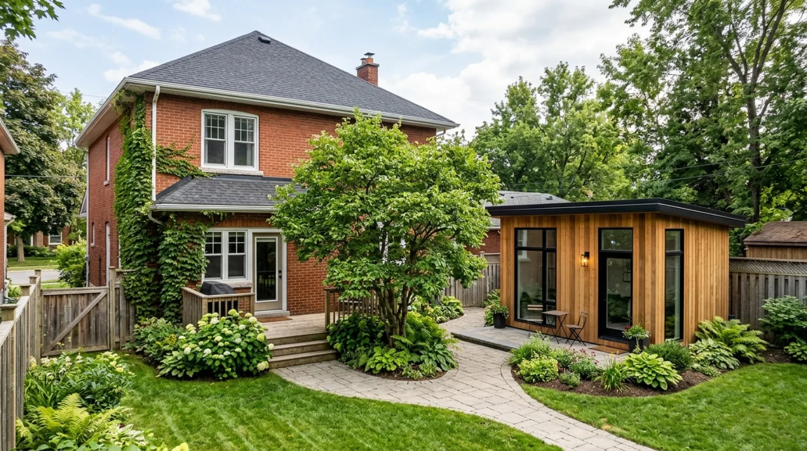 A small modern garden suite in the rear yard behind an older red-brick Ottawa home