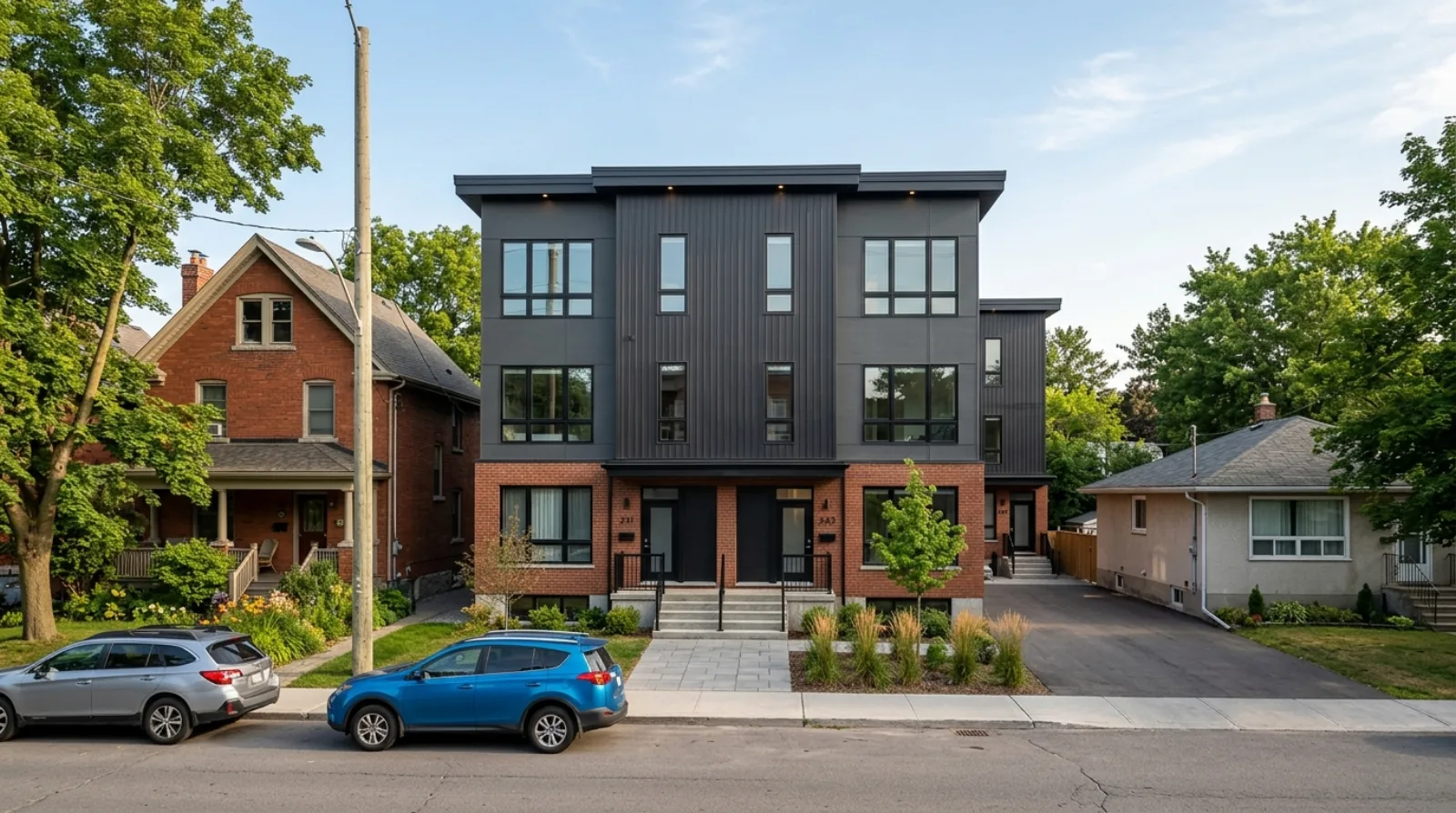 An Ottawa residential street with a newly built three-storey fourplex multiplex beside older single-family homes, mature trees along the boulevard