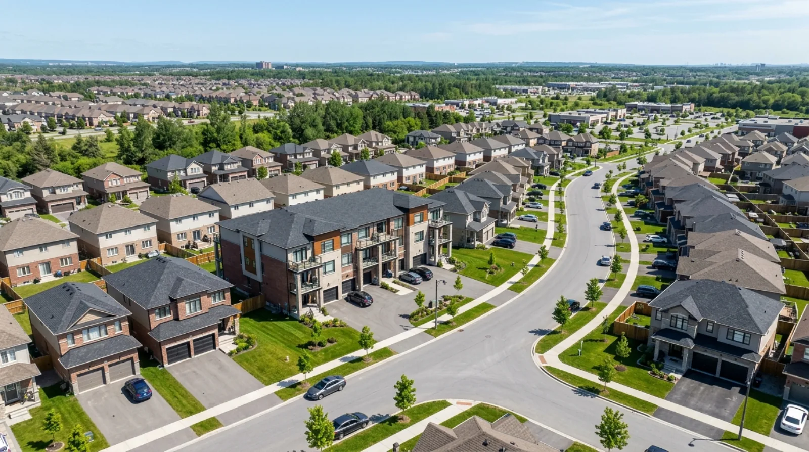 A modern fourplex multiplex on a wide suburban lot in Kanata, west Ottawa, among newer single-family homes