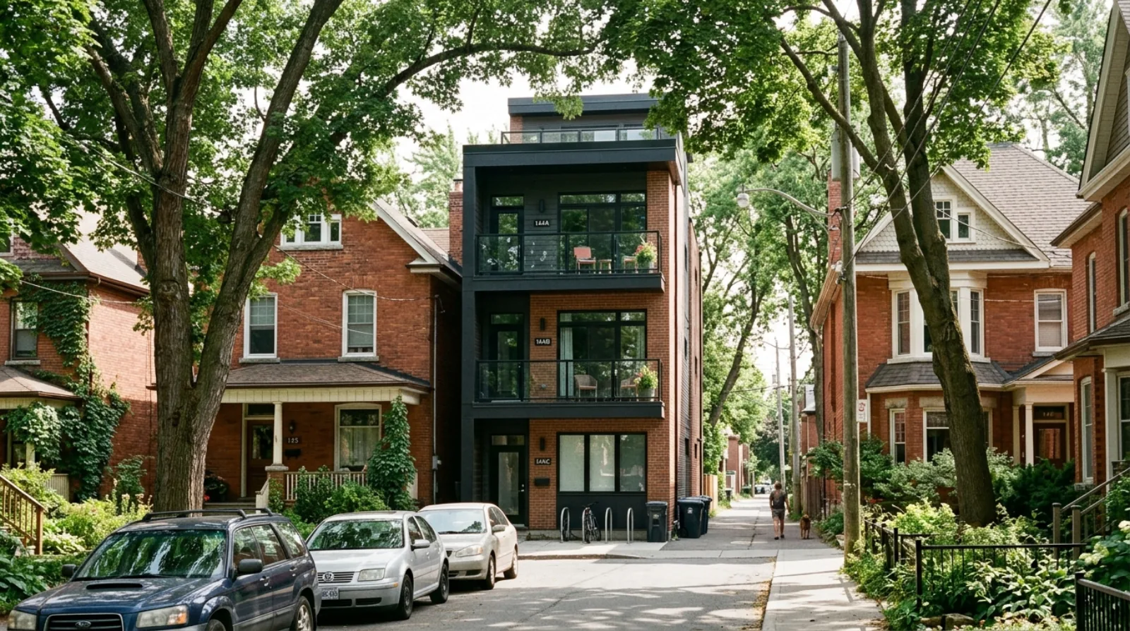 A modern infill triplex between older narrow red-brick homes on a tree-lined Old Ottawa South street