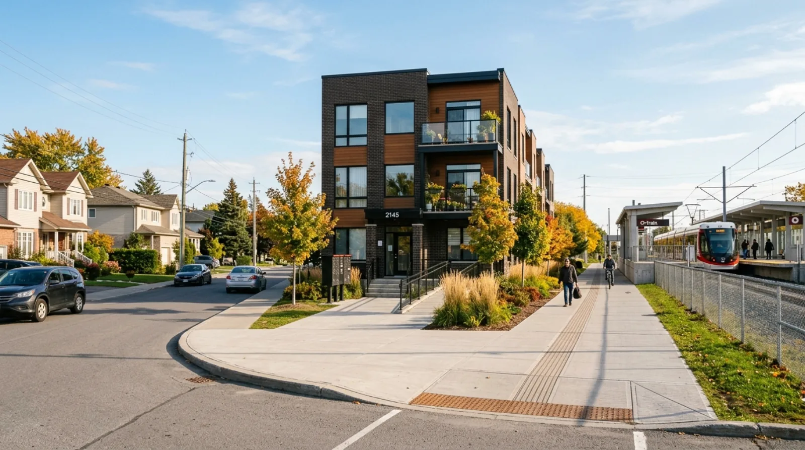 A modern low-rise multiplex near an O-Train station in Orléans, east Ottawa