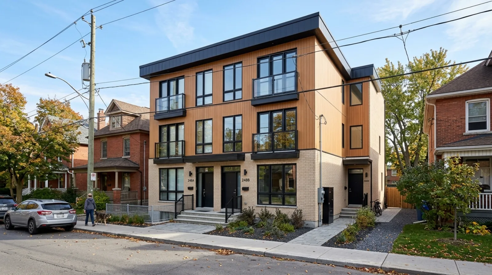 A modern three-storey triplex on an Ottawa lot — three units with two front entries and a side entrance