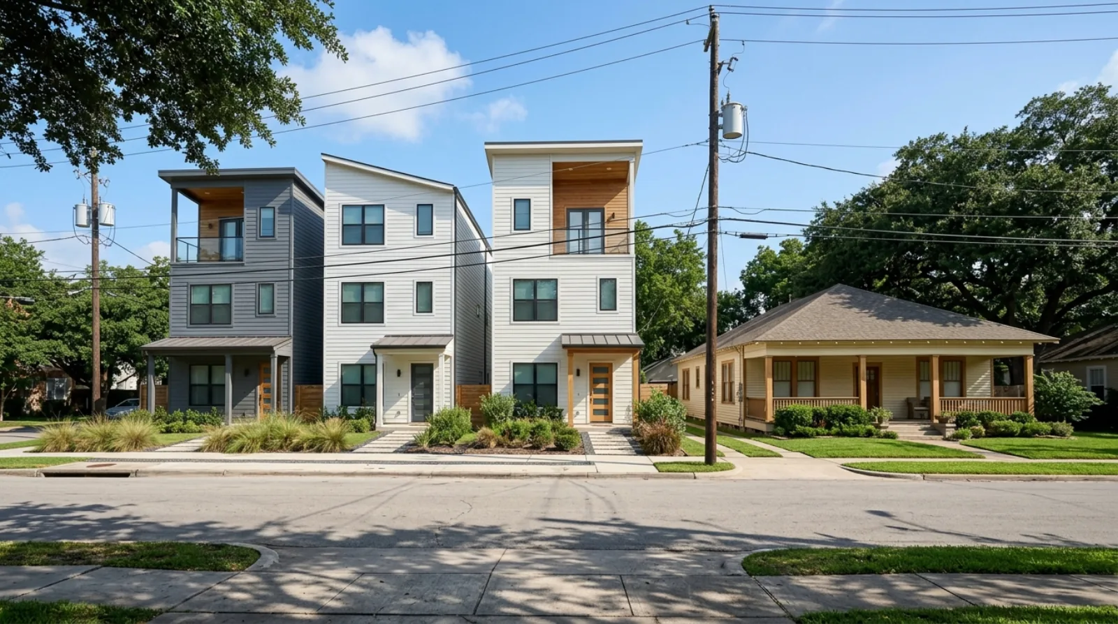 Three new narrow three-story homes with gray and white siding next to an older one-story house with a wide front porch, on a tree-lined street with overhead power lines