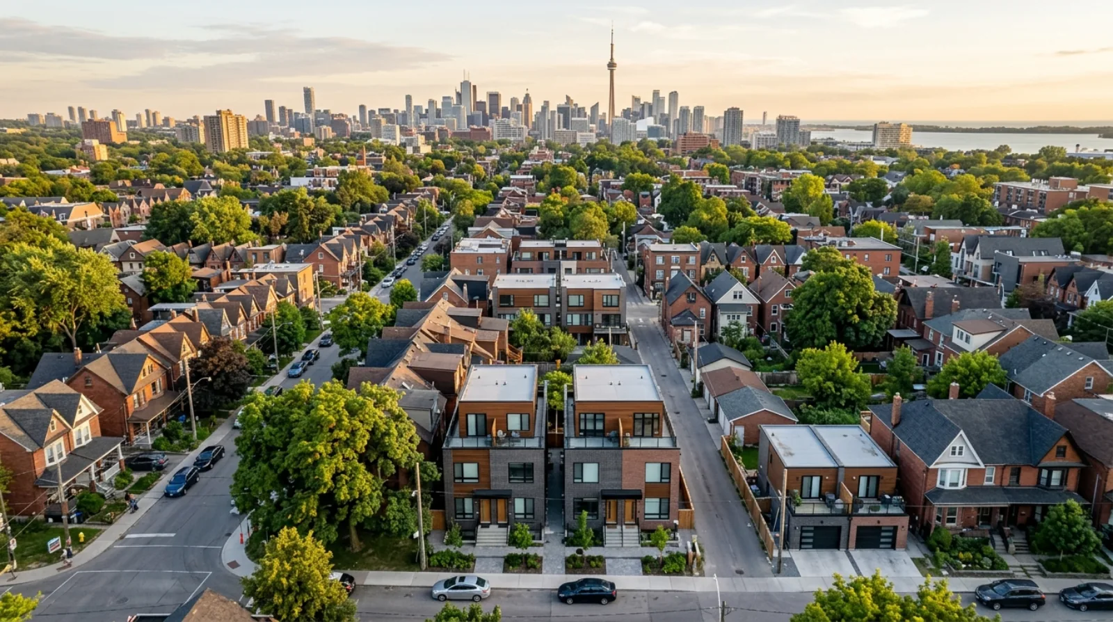 Aerial illustration of Toronto residential neighbourhoods with ground-oriented fourplex and laneway-suite infill among older houses, downtown skyline in the distance