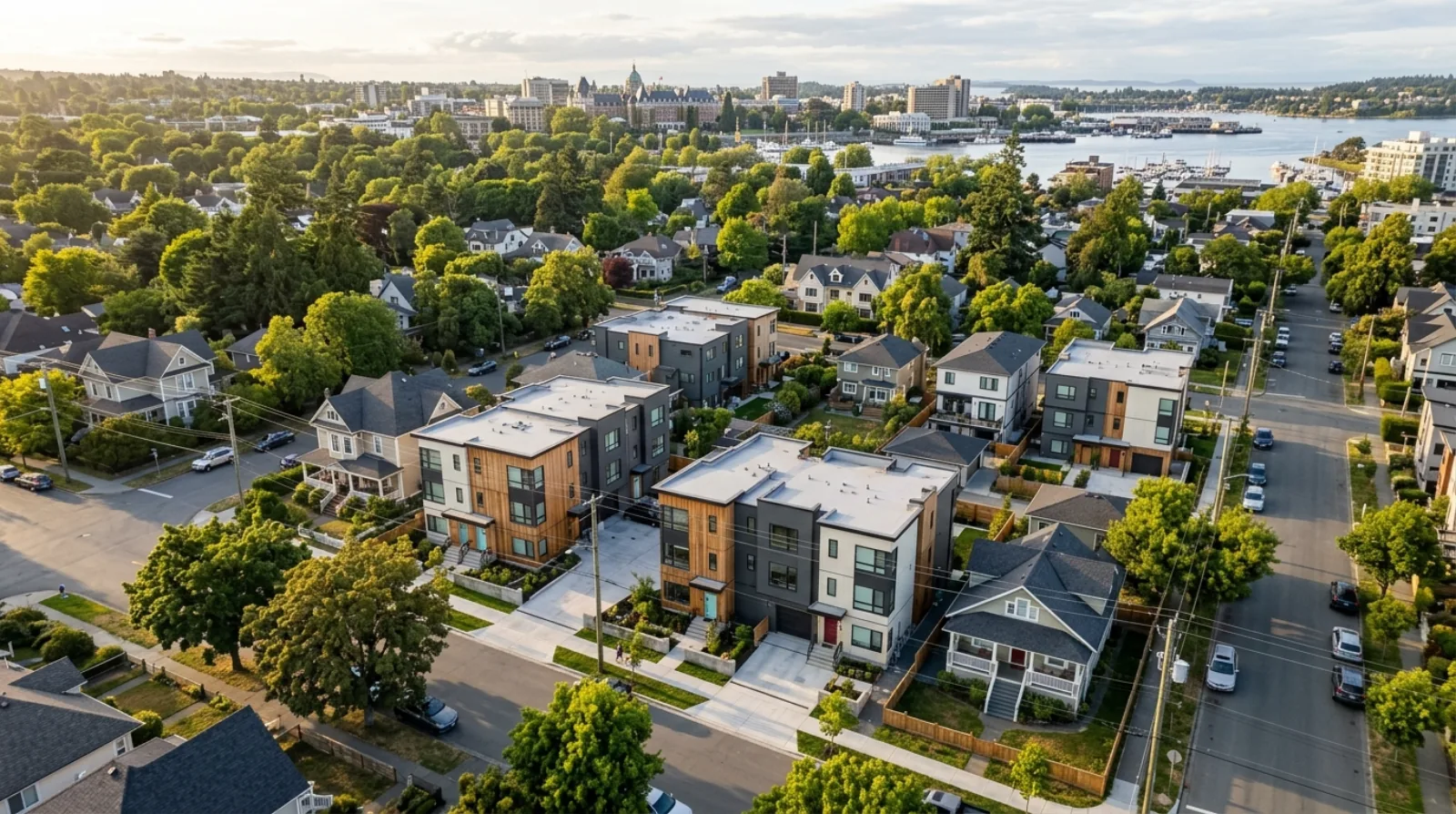 Aerial illustration of Victoria, BC with the Inner Harbour and ground-oriented houseplex infill distributed across Fernwood, Fairfield, and Hillside-Quadra