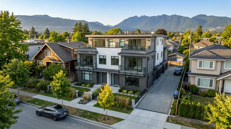 A new three-storey Vancouver multiplex with two front doors on a tree-lined street, the kind of home where builders now decide what technology to plan in