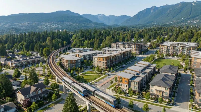 Aerial view of Coquitlam with a SkyTrain line, townhouses and low-rise homes below the North Shore mountains