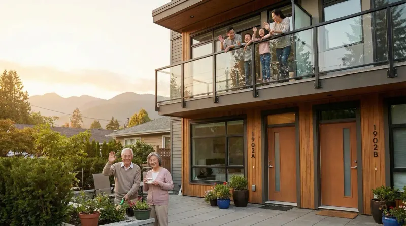 Grandparents in the front garden of a Vancouver multiplex while their children and grandchildren wave from the deck above